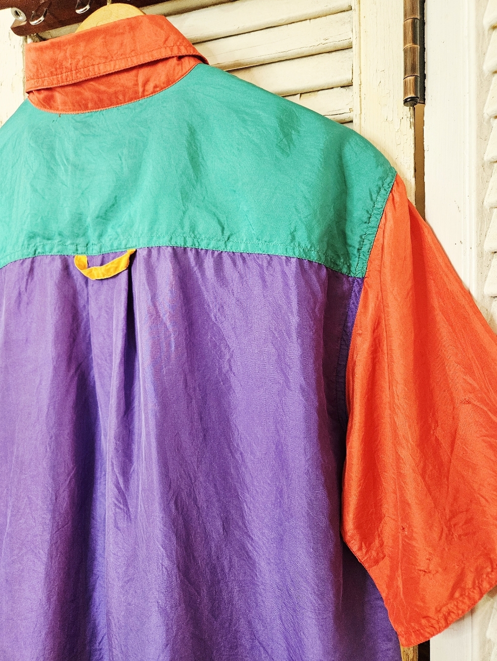 Vintage 90s 100% Silk Colourblock Blouse Red, Purple, Yellow Small *flaws* - Picture 10 of 16